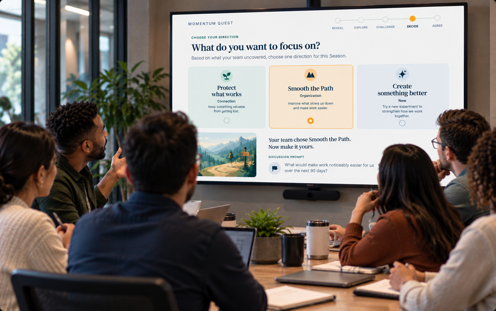 A team in a meeting room choosing what to carry forward: they pick Smooth the Path and talk through what would make work noticeably easier over the next 90 days