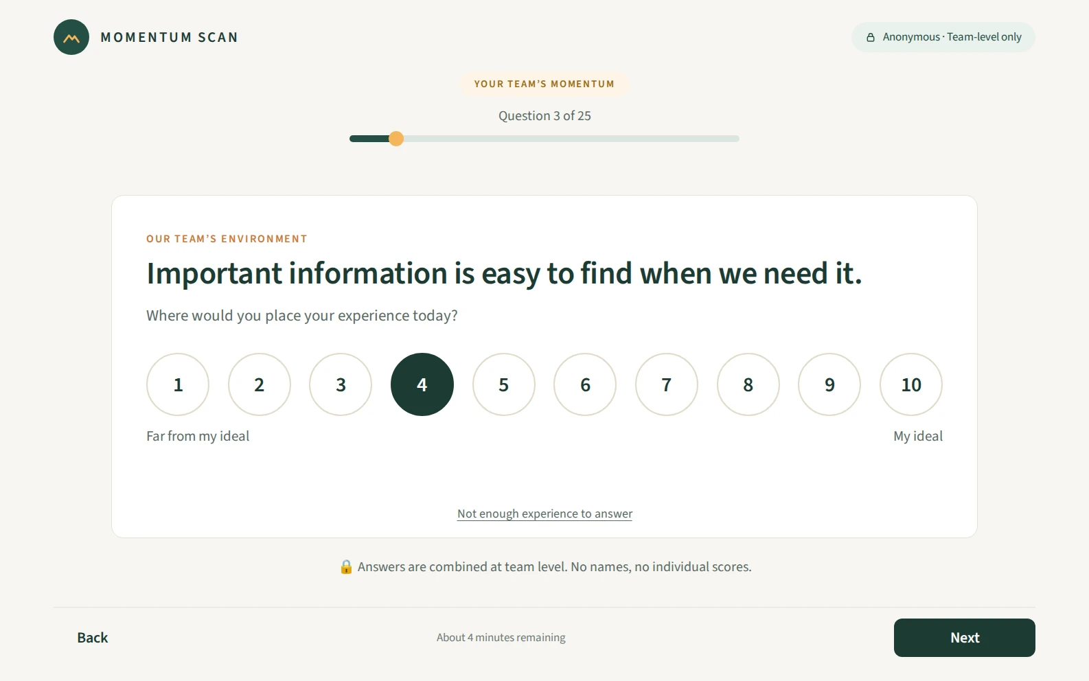 A Momentum Scan question from the Our team’s environment perspective, Important information is easy to find when we need it, answered on a 1 to 10 scale, with an option for not enough experience to answer