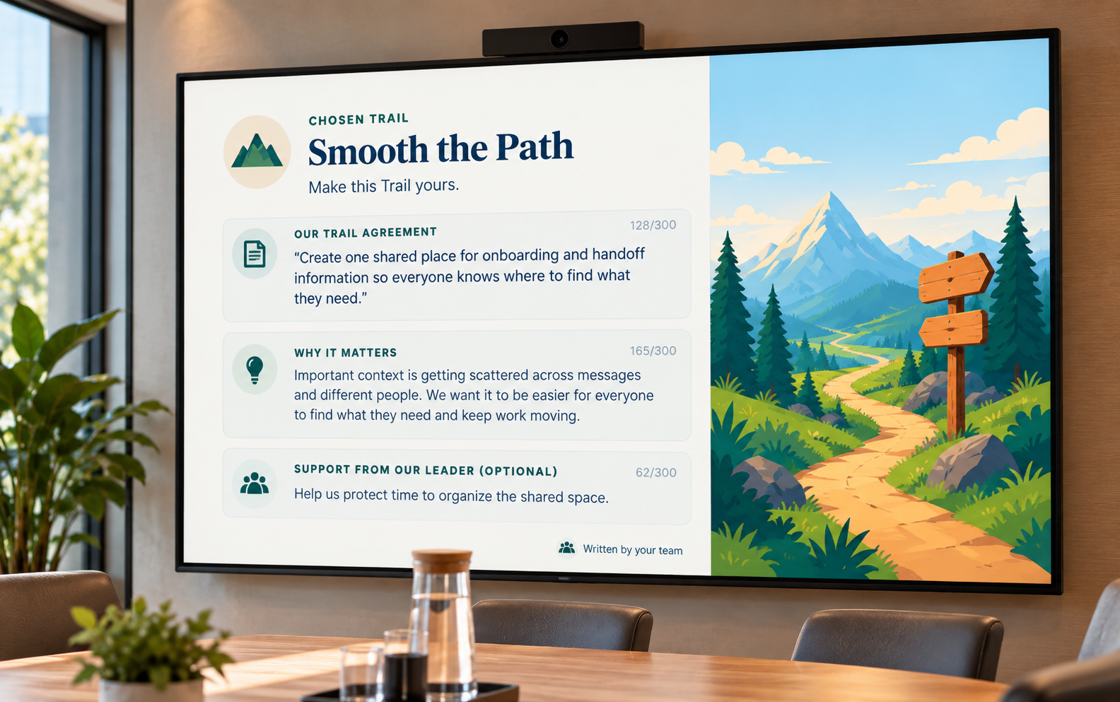 The team's Trail Agreement for Smooth the Path on a meeting-room screen: one shared place for onboarding and handoff information, why it matters, and the support it wants from its leader
