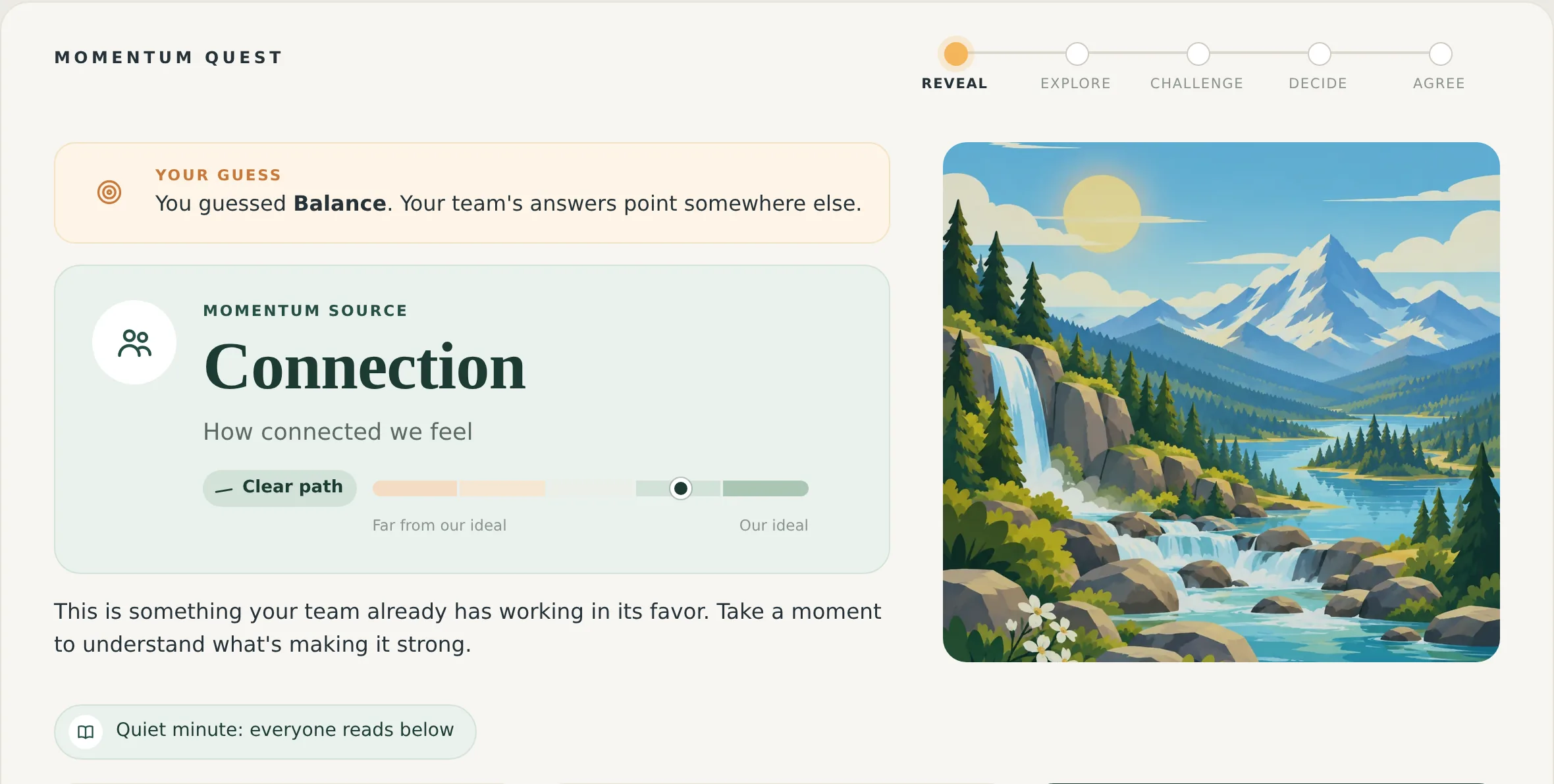 The Quest reveal: the team guessed Balance, but its answers point to Connection as its Momentum Source, on a Clear path, shown on a scale from far from our ideal to our ideal
